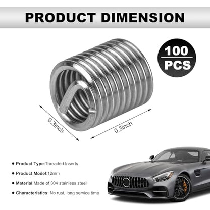 100PCS Thread Repair Insert, M6 × 1.0 × 2D Helicoil Metric Thread Sleeve Steel Sheaths Wire Thread Inserts, 304 Stainless Steel Helicoil Coiled Wire Screw Thread Repair Kit - color: 12mm