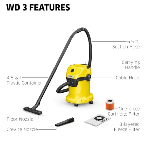 KÄRCHER Shop Vacuum WD 3, 4.5 Gal, 2.8 Peak HP, 26 ft Reach, Wet Dry Vacuum Cleaner, Blower Function, Crevice Tool, Floor Nozzle, Great for Car Cleaning - style: WD 3
