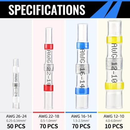 200PCS Solder Seal Wire Connectors - Sopoby Waterproof Solder Butt Connectors Kit - Heat Shrink Insulated Automotive Electrical Wire Terminals - size: 200 pcs