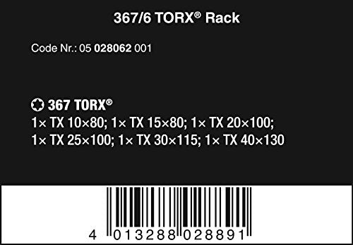 Wera 05028062001 367/6 TORX® Screwdriver set Kraftform Plus and rack, 6 pieces - size: TX10x80mm, TX15x80mm, TX20x100mm, TX25x100mm, TX30x115mm, TX40x140mm