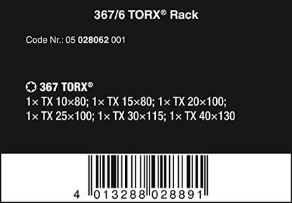 Wera 05028062001 367/6 TORX® Screwdriver set Kraftform Plus and rack, 6 pieces - size: TX10x80mm, TX15x80mm, TX20x100mm, TX25x100mm, TX30x115mm, TX40x140mm