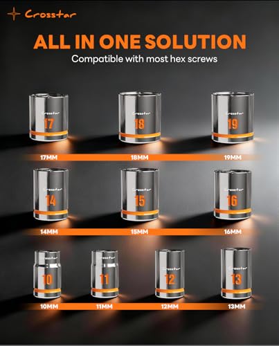 Crosstar 10pcs 3/8" Drive Shallow Socket Set, Low Profile Stubby Socket Set with EVA foam, 6-Point Mechanic Metric Socket Sets in 10mm-19mm for tight space,use with ratchet wrenches