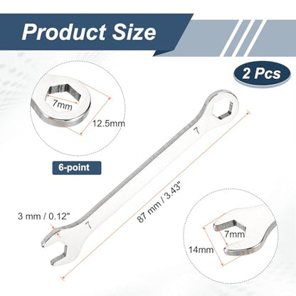 HARFINGTON 2Pcs Mini Super Thin Combination Wrench 7mm Metric 6-Point Box and Open End Stainless Steel Double Ended Spanner Tool for Automotive Pipe Furniture Machinery DIY Repair, Silver - size: 7mm