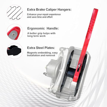 Brake Caliper Compression Tool Kit, Caliper Piston Compressor Tool, 360° Ratchet Piston Press with 4 Hooks & 2 pcs Large Steel Plate for Single Twin Quad Sextuplet Piston Disc Brake Caliper (Red)