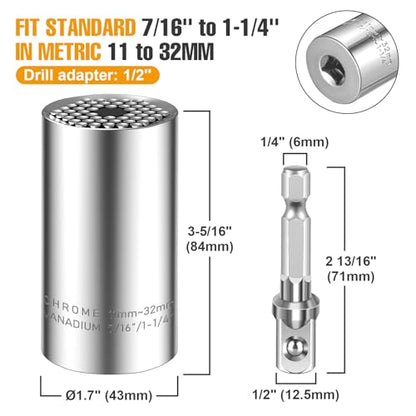 Spurtar 4Pcs Universal Socket Set (11-32mm 7-19mm) for Unscrew Any Bolt | Multi-Function Universal Socket Tool with 3/8" 1/2" Power Drill Adapters Birthday Gift for Dad, Husband, Man, Handyman
