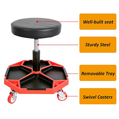 TCE ATRXF8308U Pneumatic Creeper Seat/Padded Adjustable Mechanic Stool with Removable Tool Tray Storage, 300 lb Capacity, Black/Red