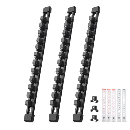 Reniteco 3-Piece Socket Organizer - 1/2-Inch Drive x 36 Clips, Heavy Duty ABS Socket Holder with Removable End Caps, Premium Socket Rail for Tool Box Drawer - color: Black, size: 1/2" DR