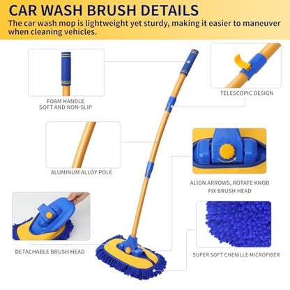 5PCS Car Wash Brush with Long Handle, 15°Curved Car Cleaning Brush with Replaceable Head Cover, Truck Washing Brushwith Telescopic Handle Wash Mop Kit (Blue) - color: Blue