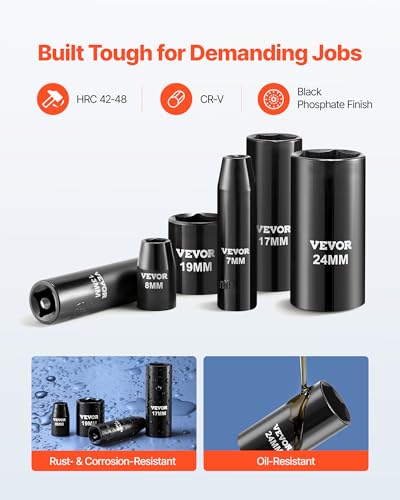 VEVOR Impact Socket Set 3/8" Drive, 64-Piece Standard SAE (5/16 to 1 inch) & Metric (6 to 24 mm) Size, Deep & Shallow, 6 Point, CR-V, Ratchet Handle, Extension Bars, Universal Joint, Adapters - style: 3/8" 64 PCS