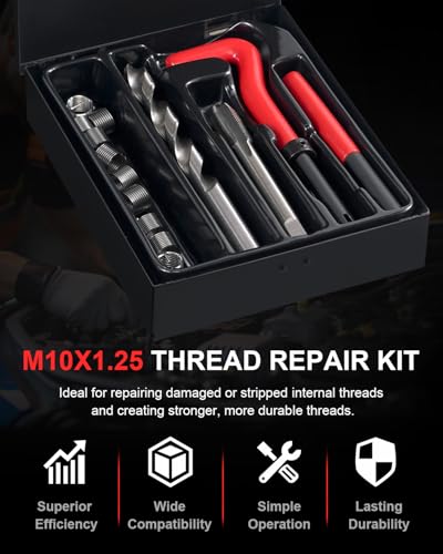 Kolvoii M10×1.25 Helicoil Thread Repair Kit, Metric M10 Helicoil kit with HSS Drill Bit, Tap & Stainless Steel Inserts for Suspension, Cylinder Head & Heavy Machinery - size: M10X1.25