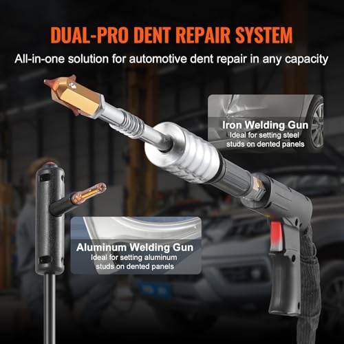 VEVOR Dual Pro Stud Welder Deluxe AL/Fe Dent Repair Kit, Professional 5KW Welder with Auto/Manual Welding and 10 Modes, 110V Spot Welding Dent Repair Machine for Steel & Aluminum Auto Panels Repair - style: Aluminum/Steel Dual Pro