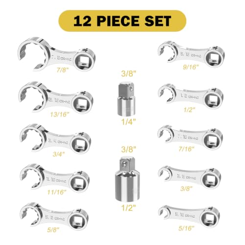 ANPUDS Side-Open Torque Adapter Set SAE for HVAC & Tight Spaces, 3/8" Drive | 5/16" to 7/8", 12pcs, Chrome Molybdenum Steel, 12-Point Torque Wrench Extension for HVAC, Automotive, Brake & Fuel Lines