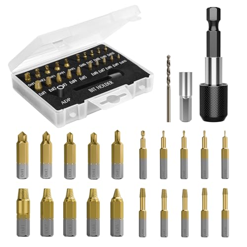 Nuovoware Damaged Screw Extractor Set, 22 PCS Easy Out Stripped Screw Extractor Kit, All-purpose HSS Broken Screw Remover Set with Magnetic Extension Bit Holder & Socket Adapter, Gold - color: Gold, size: 22 PCS