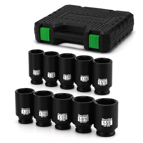TecoTek 1/2" Drive Deep 6-Point Impact Socket Set, 10-Piece Deep SAE Spindle Axle Nut Impact Socket Set, Cr-Mo, 1-1/16-Inch to 1-5/8-Inch Size, Enhanced Storage Case - size: 1-1/16" to 1-5/8"
