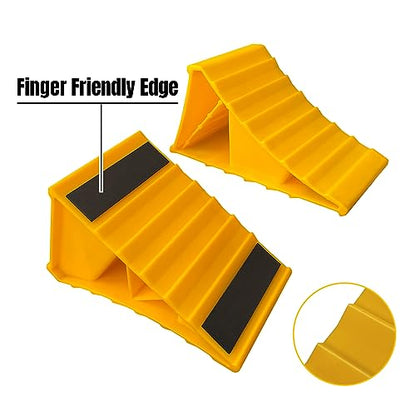 HOXWELL 2 Pairs Wheel Chocks for Travel Trailers, Non Slip Heavy Duty Yellow Wheel Chock, Lightweight Wheel Stoppers for Cars Camper Trucks RVs, Easy to Carry & Suitable for Most Tyre Sizes