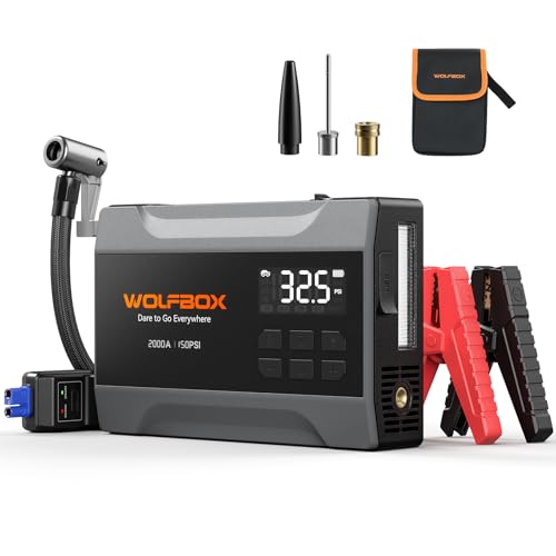 WOLFBOX MV10A 2000A Jump Starter with Air Compressor, 37Wh Car Battery Jumper Starter Portable (up to 5L Gas Engine) with 150PSI Tire Inflator, 12V Jump Box with Jumper Cables, Boost, LED Light - color: Gray