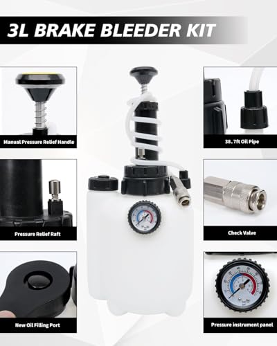 Brake Bleeder Kit with 3L Pressure Pump | 1L Catch Bottle, Fluid Dropper, Upgraded Adapters (43.5/45/49.5/50.7mm), Master Cylinders, One-Person Use