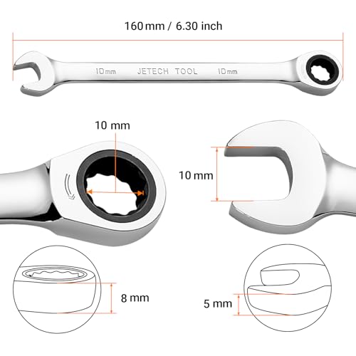 Jetech 10mm Ratchet Wrench, Ratcheting Combination Wrench Metric, Industrial Grade Gear Spanner with 12-Point Design, 72-Tooth Ratchet, Chrome Vanadium Steel for Auto & DIY Repair - size: 10mm