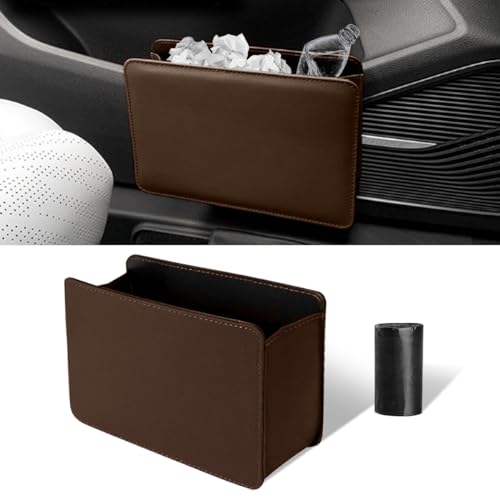 Car Trash Can, Auto Leather Trash Bin Garbage Organizer Holder with One Roll Trash Bag, Mini Foldable Dustbin Storage Bag Container, Multi-Function Trash Box for Car SUV (Brown) - color: Brown