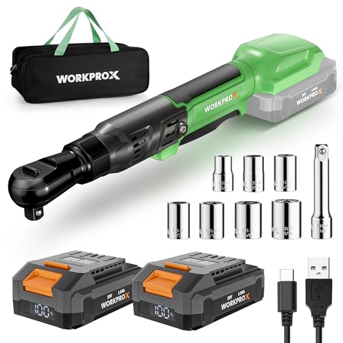 WORKPROX Electric Ratchet Wrench 3/8" Set, 20V Cordless Ratchet Wrench Kit, 74Ft-lbs, 250RPM, Battery Powered Ratchet with LED Light, 2-Pack 2000mAh Batteries, 7 Sockets & 3" Extension Bar - size: 3/8 inch