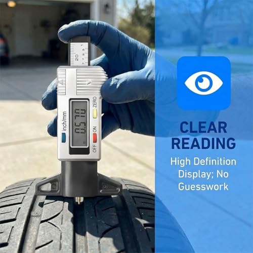 Car LCD Display Tire Tread Depth Gauge, 0.01mm Resolution Digital Car Tire Wear Checker with Inch/MM Conversion, Easy Read Auto Measuring Tool Accessories for Most Tires (Silver) - color: Silver