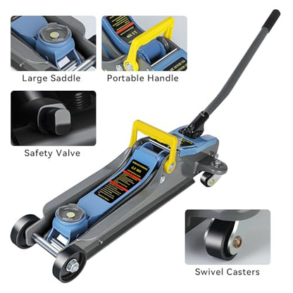 Larbanke 2.5T Floor Jack, Capable of Lifting from 3.35 Inches to 15.16 Inches, with Portable Handle Suitable for Safe Night Use, Low Profile Hydraulic Jack with Adjustable Oval Handle, Blue