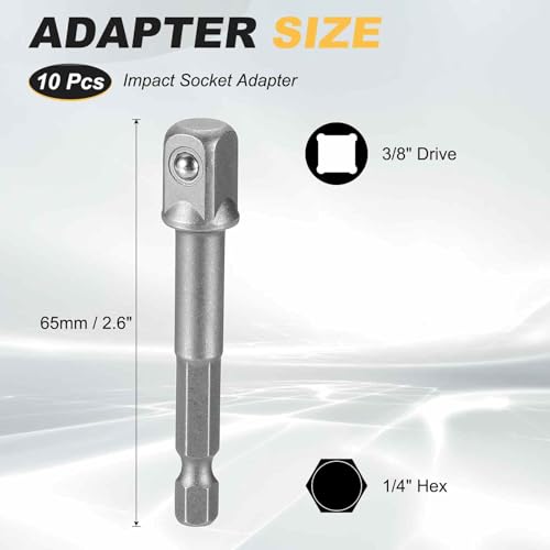 HARFINGTON 10pcs Impact Socket Adapter 3/8" Square Drive 1/4" Hex Shank 2.6" Long Extension Bit for Axle Nut Driver Drill Socket Sets - size: 3/8" x 2.6"