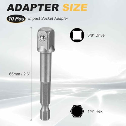 HARFINGTON 10pcs Impact Socket Adapter 3/8" Square Drive 1/4" Hex Shank 2.6" Long Extension Bit for Axle Nut Driver Drill Socket Sets - size: 3/8" x 2.6"