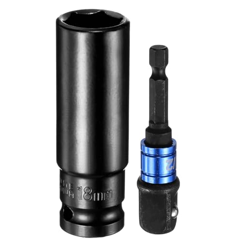 HARFINGTON Deep 6-Point Impact Socket 1/2" Drive 18mm Metric Socket 3" Length with 1/4" Hex Shank Adapter, CR-V Steel Socket Adapter Accessory Tool Set Kit for Hex Bolts Nuts - size: 18mm