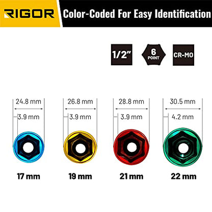 RIGOR 11516 Non-Marring Lug Nut Socket Set | Wheel Protector Impact Socket Set | 1/2" Drive, 6 Point, CR-MO | Metric 17mm, 19mm, 21mm, 22mm - size: 17mm, 19mm, 21mm, 22mm