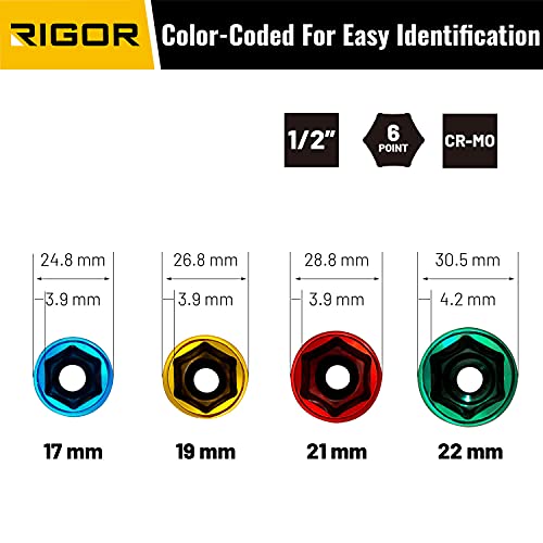 RIGOR 11505 21mm Non-Marring Lug Nut Socket | Wheel Protector Impact Socket | 1/2" Drive, 6 Point, CR-MO, Metric - size: 21mm