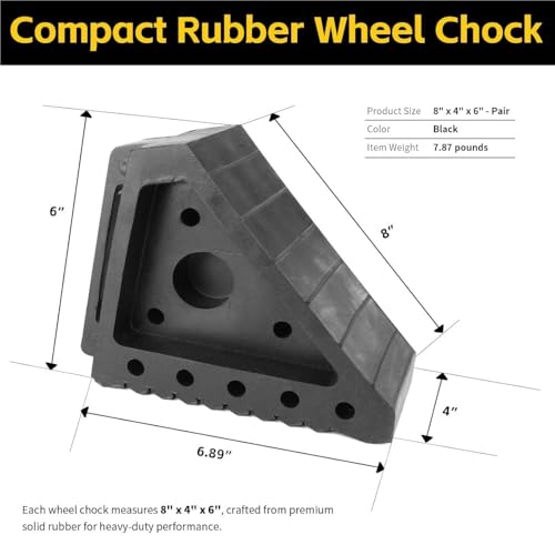 Heavy Duty Solid Rubber Wheel Chocks 2-Pack, Non-Slip Tire Stop Block with Built-in Handle – All-Weather Traction for Truck, RV, Trailer