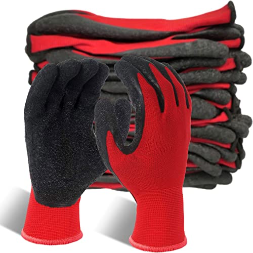 Evridwear Crinkle Latex Rubber Hand Coated Safety Work Gloves for Men Women General Multi Use Construction Warehouse Gardening Assembly Landscaping,Red Small 12 Pairs Pack - color: Red, size: Small