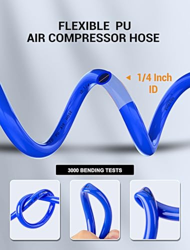 EVOULTES 1/4 In x 28 Ft Polyurethane Recoil Air Compressor Hose, Upgraded Air Hose with Repairable Bend Restrictor, Air Hose kit w/ 360° Swivel 1/4" NPT Coupler & Brass Quick Connect Air Fittings - color: Blue