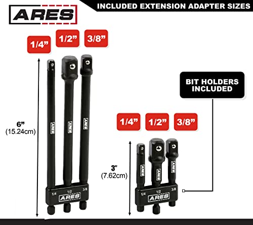 ARES 22025 – 6-Piece 3-Inch and 6-Inch Impact Grade Socket Adapter Set - Turns Impact Drill Driver into High Speed Socket Driver - 1/4-Inch, 3/8-Inch, and 1/2-Inch Drive with Storage Holder - size: 3-Inch and 6-Inch Socket Adapter with Holder