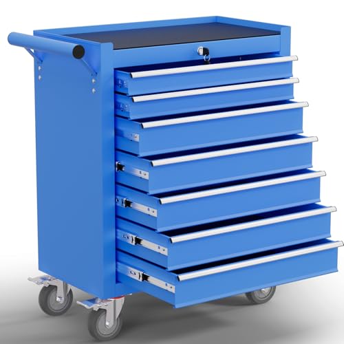 7-Drawer Tool Chest,Rolling Tool Cart with Wheels,High Capacity Tool Cabinet with Locking System for Garage, Warehouse, Workshop-Blue - color: Blue, size: 7 Drawer