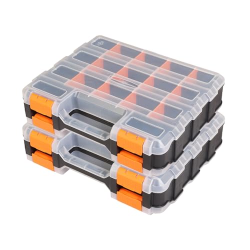 Jack Boss Tool Box with Transparent Lid, Double Side 34-Compartments Organizer Box with Removable Dividers for Hardware, Screws, Bolts, Nails, Beads, Jewelry and Fishing Accessories, Orange, 2 Pack - color: Orange, size: 2 PACK