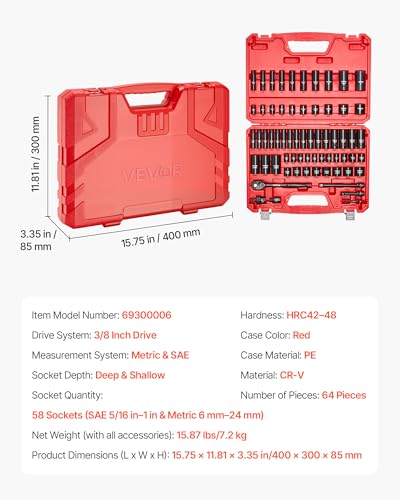 VEVOR Impact Socket Set 3/8" Drive, 64-Piece Standard SAE (5/16 to 1 inch) & Metric (6 to 24 mm) Size, Deep & Shallow, 6 Point, CR-V, Ratchet Handle, Extension Bars, Universal Joint, Adapters - style: 3/8" 64 PCS