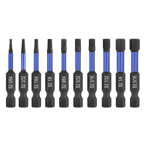 HPHOPE Impact Hex Head Allen Wrench Drill Bit Set 10 Pcs - 2"(SAE) | Premium S2 Steel, CNC Machined Tips wit Magnetism, Storage Box, 1/4" Hex-Shank for Automotive and Home Repairs - size: 50 mm, 10 Pcs, SAE