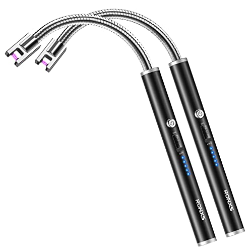 RONXS Electric Candle Lighter, Windproof Rechargeable Long Lighter, 2PCS | Flameless Plasma Arc, Safety Lock, Battery Display with Type C Cable, Flexible Neck for Candles Grill BBQ Camping Fireplace - color: H-black&black