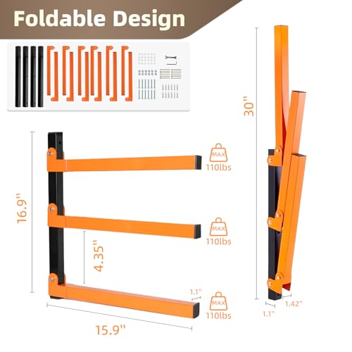 Wall Mounted Lumber Storage Rack and Wood Organizer with 6-Level Holds Up 1320 LBS, Heavy Duty Steel Shelf Brackets for Garages Workshops & Outdoor Sheds, Space Saving Metal Wall Rack