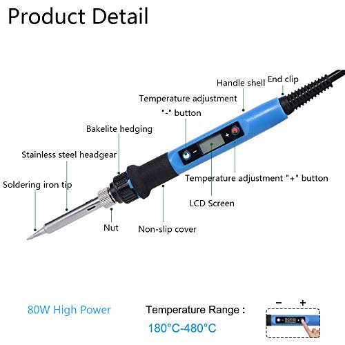 Soldering Iron Kit, with 5pcs Solder Tips, 80W 110V Digital LCD Adjustable Temperature Solder Gun Fast Heating Ceramic Ceramic Thermostatic, for electronic repairs and DIY Jewelry, Blue&Black