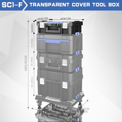 18 Inch Clear Lid Tool Box | AIRAJ Stackable Modular Tool Organizer Box Storage System | Garage Storage | Home Repair | Professional Use | (SC1-F) - size: 505F-Transparent Lid