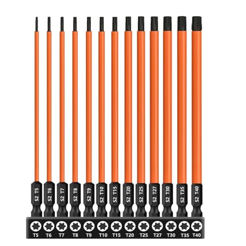 13PCS 6-Inch Long Torx Screwdriver Bit Set (T5-T40), Magnetic Torx Head Drill Bit Set S2 Steel 1/4'' Hex Shank Impact Bit with CNC Machined Tips 6-Point Star Bit Set for Impact Driver - size: 6 inch / 150mm