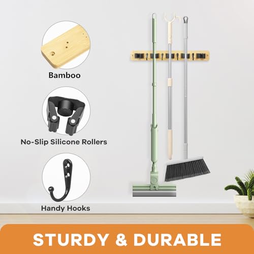 IMILLET Broom Holder Wall Mount, Bamboo Broom Hanger with 5 Racks 4 Hooks, Mop and Broom Holder Wall Mount Self Adhesive, Home Organization and Storage for Laundry Room, Closet, Utility Room - style: Bamboo-5 Slots