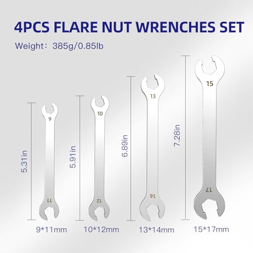 4 Piece Flare Nut Wrench Set with Leather Pouch, Metric Line Wrench Set 9x11mm 10x12mm 13x14mm 15x17mm, Cr-V Steel Brake Line Flare Nut Wrench for Plumbing Tight Confine Spaces