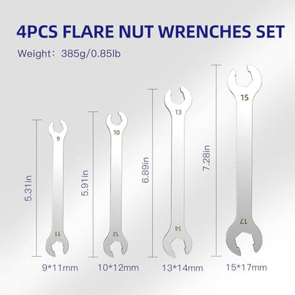 4 Piece Flare Nut Wrench Set with Leather Pouch, Metric Line Wrench Set 9x11mm 10x12mm 13x14mm 15x17mm, Cr-V Steel Brake Line Flare Nut Wrench for Plumbing Tight Confine Spaces