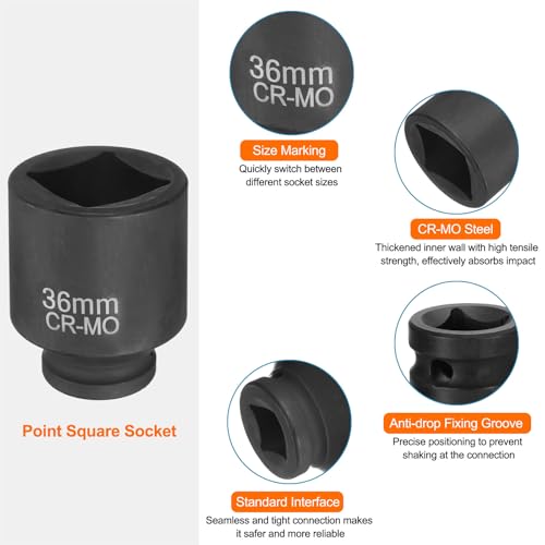 HARFINGTON 4 Point Square Socket 3/4" Drive 36mm Metric Square Impact Socket CR-MO Blackening Standard Wheel Sleeve Pneumatic Sleeve Tool for Auto Repair Mechanical Maintenance Home Use - size: 3/4"/36mm