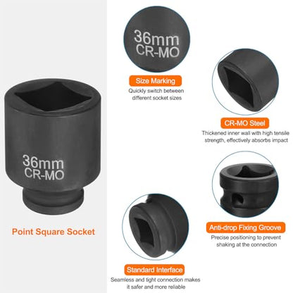 HARFINGTON 4 Point Square Socket 3/4" Drive 36mm Metric Square Impact Socket CR-MO Blackening Standard Wheel Sleeve Pneumatic Sleeve Tool for Auto Repair Mechanical Maintenance Home Use - size: 3/4"/36mm