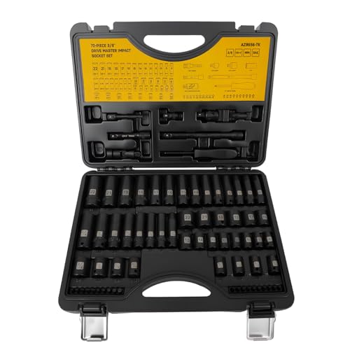 STEELITE 72 PCS 3/8" Impact Socket Bit Set 6 Point, CRV SAE and Metric Sizes (5/16 to 3/4-Inch & 8-22 mm), 2 Extension Rods, 1/4" & 1/2" Adapter, Universal Joint, Screwdriver Handle with 20 Bits